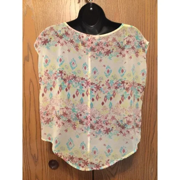 Decree Blouse Womens Size S Sleeveless Yellow Floral Multi Sheer Top Longer Back - Picture 7 of 9